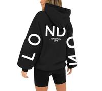 HUIFUAO - Sweat à capuche Londres pour femme, grande taille, tendance, imprimé lettres, pull d'automne ample, décontracté, à manches longues, pour sport, streetwear, sweatshirts avec poches, Noir , M