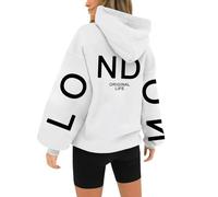 HUIFUAO - Sweat à capuche Londres pour femme, grande taille, tendance, imprimé lettres, pull d'automne ample, décontracté, à manches longues, pour sport, streetwear, sweatshirts avec poches, blanc, S