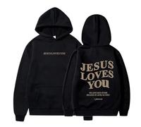 HUIFUAO Sweat à capuche surdimensionné à manches longues avec cordon de serrage et inscription « Jesus Loves You » pour femme, Noir , M
