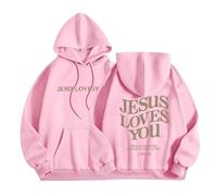 HUIFUAO Sweat à capuche surdimensionné à manches longues avec cordon de serrage et inscription « Jesus Loves You » pour femme, rose, M