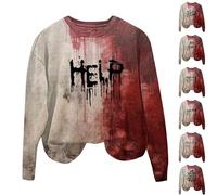 HUIFUAO Sweat d'Halloween pour femme - Costume d'Halloween effrayant - Imprimé de lettres sauvages sanglantes - Hauts à manches longues - Vêtements de festival d'horreur, Rouge #7., L