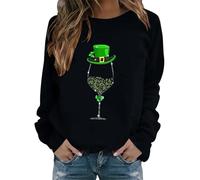 HUIFUAO Sweat-Shirt de la Saint-Patrick pour Femme - Trèfle Vert Irlandais - Verre à vin - Pull Ample à col Rond et Manches Longues, A02 Noir., XL