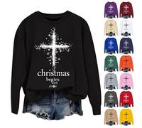 HUIFUAO Sweat-shirt de Noël commence avec le Christ pour femmes, sweatshirts chrétiens amusants, hauts de Noël, impression croix, pull inspirant dieu religieux à manches longues, gris, XL