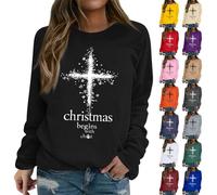 HUIFUAO Sweat-shirt de Noël commence avec le Christ pour femmes, sweatshirts chrétiens amusants, hauts de Noël, impression croix, pull à manches longues, hauts inspirants religieux dieu, rose, XXL