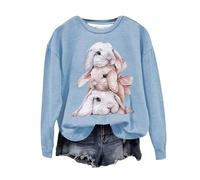 HUIFUAO Sweat-shirt de Pâques pour femme avec imprimé lapin verre à vin, col rond, manches longues, haut à manches longues, tenue assortie pour la famille de Pâques, tenues de Pâques, Z02 Bleu ciel, M