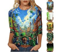 HUIFUAO T-shirt de la Saint-Patrick pour femme - Haut trèfle lépréchaun amusant - Costume vert - Grande taille - Chemises irlandaises à manches 3/4 - Tunique fantaisie pour les vacances, bleu ciel, L