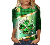 HUIFUAO T-shirt de la Saint-Patrick pour femme - Haut trèfle lépréchaun amusant - Costume vert pour la Saint-Paddy - Chemises irlandaises surdimensionnées à manches 3/4 - Tunique mignonne - Vêtements