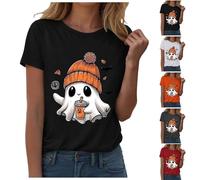 HUIFUAO T-shirt d'Halloween pour femme - Haut fantôme mignon - Grande taille - Costume d'Halloween à manches courtes - Motif chauve-souris - Col rond - Chemisier de festival, Z03 Blanc, M