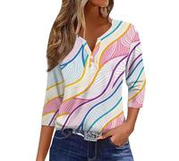 HUIFUAO T-shirts d’été à boutons pour femme, col en V, manches 3/4, haut rayé coloré, coupe ample