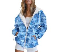 HUIFUAO Veste camouflage pour femme avec fermeture éclair surdimensionnée à manches longues pour l'automne - Manteaux légers tendance et décontractés - Hauts de sport amples avec poche, bleu, XL
