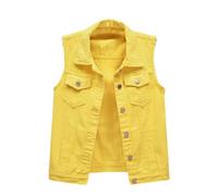 HUIFUAO Veste en jean sans manches pour femme, grande taille, gilet en jean boutonné à revers avec poche, gilet vintage vieilli, jaune, S