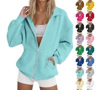 HUIFUAO Veste surdimensionnée à fermeture éclair pour femme - Automne et hiver - Manches longues - Léger - Tendance - Décontracté - Couleur unie - Revers - Vêtements de sport avec poches, beige, XL