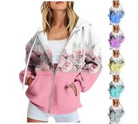 HUIFUAO Vestes à capuche surdimensionnées à manches longues avec fermeture éclair pour femme - Imprimé floral - Automne et hiver - Vêtements d'extérieur décontractés tendance avec poches, gris, XL