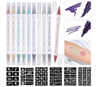 Huiguli 10 Couleurs Stylo Tatouage Temporaire Double Pointe, Couleurs Stylos à Tatouage Enfant Avec 60 Pochoir Tatouage, Kit Tatouage pour Garçons, Filles, Carnaval, Fête D'anniver