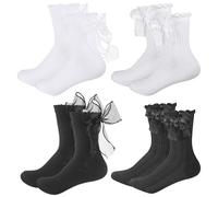 Huiguli 4 Paires Chaussettes à Volants avec Nœud Papillon, Respirantes Chaussette Cheville pour Filles et Femmes, Chaussettes de Danse Classique Lolita Princess (Noir et Blanc)