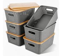 Huiguli 6 Boîtes de Rangement Empilable avec Couvercle en Bambou | Panier en Plastique Imitation Osier, Boite de Rangement pour Cuisine, Salon, Salle de Bain ou Bureau, Gris