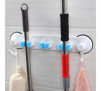 HUIJ Porte balais Mural Ventouse accroche Balai Mural Support Organiseur,Autocollant sans perçage serpillère Rack avec 3 Emplacements et 2 Crochets pour Votre Cuisine,Garage,Buanderie