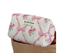 HUIJIQX Trousse de maquillage en coton avec nœud mignon et fleur pour femme avec fermeture éclair - Organisateur de cosmétiques - Sac à main en tissu portable pour filles, Sac octogonal rose, One Size