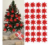 HUIKJI Lot de 50 poinsettias artificielles en soie pour sapin de Noël, décoration de mariage, rouge, Taille M