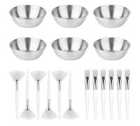 Huilanshuo 18-piece beauty therapist facial care product set, including 6 silver stainless steel bowls, 6 fan-shaped brushes and 6 flat brushes, and a mask mixing bowl set