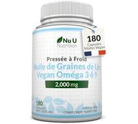 Huile de Graines de Lin Végétalienne 2000mg - 180 Capsules Molles - Pressée à Froid, Source Riche en Oméga 3-6-9 | Cure de 3 Mois - Fabriquée en Europe - Nu U Nutrition