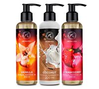 Huile de Massage Sensuelle Vanille - Coco - Fraise 3x200ml - Comestible - Naturelle - Mélange d'Huiles d'Amande et de Pépins de Raisin - Huile de Noix de Coco - Huile Massage Relaxante - Oil Massage