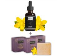 Huile de millepertuis et savon - Kit de soin de qualité supérieure avec huile de millepertuis pressée à froid (20 ml) et 3 savons naturels de 125 g chacun, végétalien, soin apaisant pour le visage et