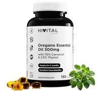 Huile d'Origan 300 mg. 150 capsules pour 5 mois. Avec de l'huile d'olive extra vierge, 70% de carvacrol et 2,5% de thymol par capsule. 100% naturel, sans gluten, sans OGM. Fabriqué par Hivital