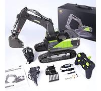 Huina 1593 Jouet pelleteuse télécommandée avec fonction complète pelleteuse avec télécommande et pelle en métal télécommandée avec batterie et chargeur + 2 Batterie + 3 embouts Vert 2022