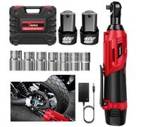 Huini Clé à cliquet sans fil 12 V, kit de clé à cliquet électrique de 9,5 mm 40 N.m, 0-300 tr/min, hochet à choc avec 2 batteries lithium-ion 1,5 Ah et charge rapide, 7 douilles, rouge/noir