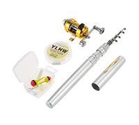 HUIOP Ensemble de canne à pêche avec mini stylo de poche télescopique et moulinet en alliage d'aluminium, leurres souples, hameçons, poissons