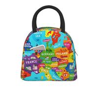HUIopq Sac à déjeuner isotherme tendance avec carte de l'Europe colorée avec icônes pour repas, collations, boissons, pour adultes, enfants, familles