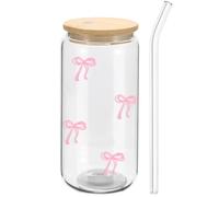 Huipalon Ensemble de tasses en verre avec nœud rose avec couvercle en bois et paille, 473 ml, jolies tasses à café esthétiques, transparentes, cadeaux pour femmes, filles, amies