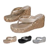 HUIQINGLI Arch Support Flip Flops, 2025 New Comfortable Open Toe Sequins Beach Platform Flip Flops Sandals For Women (Gold,41)