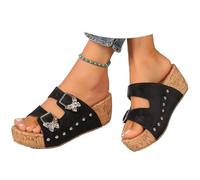HUIQINGLI Cork Wedges Platform Slides Orthopedic Sandals, 2025 New Women's Double Butterfly Buckle Platform Slip On Vacation Sandals (Black,38)