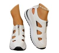 HUIQINGLI Women's Front Zipper Soft Bottom Wedge Sandals, Hollow Out Breathable Platform WedgeSandals Sneakers, Leather Closed Toe Comfortable Casual Stylish RomanSandals (White,36)