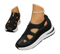 HUIQINGLI Women's Front Zipper Soft Bottom Wedge Sandals, Hollow Out Breathable Platform WedgeSandals Sneakers, Leather Closed Toe Comfortable Casual Stylish RomanSandals (Black,37)