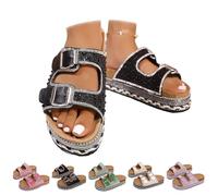 HUIQINGLI Women's Versatile Rhinestone Platform Slippers, Fashionable Rhinestone Double Buckle Slide Sandals, Comfortable Open Toe Platform Cork Beach Slipper (Black,41)