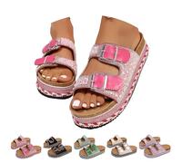 HUIQINGLI Women's Versatile Rhinestone Platform Slippers, Fashionable Rhinestone Double Buckle Slide Sandals, Comfortable Open Toe Platform Cork Beach Slipper (Rose,36)