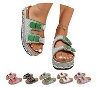 HUIQINGLI Women's Versatile Rhinestone Platform Slippers, Fashionable Rhinestone Double Buckle Slide Sandals, Comfortable Open Toe Platform Cork Beach Slipper (Green,42)