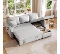 HUIVEYA Canapé-lit d’Angle Convertible 219,5x142,5x83cm, Méridienne réversible Gauche/Droite, Canapé pour Salon avec Rangement intégré, 2 Pochette de Rangement, 2 Coussins (Gray)