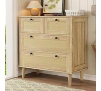 HUIVEYA Commode 80cm avec 4 tiroirs en rotin, poignées Noires, Meuble de Rangement avec Pieds en Bois Massif, Sideboard multifonctionnelle pour Salle à Manger, Salon, Chambre