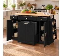 HUIVEYA Îlot de Cuisine avec Plan de Travail Rabattable et Espace Poubelle | 136 x 65 cm, Buffet cuisine, 3 Tiroirs, Étagères Latérale, pour Salon et Salle à Manger, Montage Facile, Noir