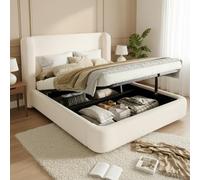 HUIVEYA Lit Double 160 x 200cm, Tête de lit rembourrée en Tissu bouclé Beige, Cadre de lit avec Coffre hydraulique, pour Chambre Principale, d’Amis ou Chambre d’Adolescent