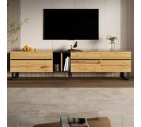 HUIVEYA Meuble TV 180cm avec 2 Portes, 1 Porte à abattant, Buffet TV avec Compartiment Ouvert, Pieds réglables, Banc TV Salon pour téléviseurs Jusqu’à 65 Pouces (Wood)