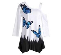 Huixin Tops Dames Papillon Imprimer Une Épaule Hors Épaule Vêtements Vintage Manches Longues Mode Tunique T Shirt Chemisier Ample Tops Élégant Casier Été Jeune Mode (Color : Blau, Size : M)