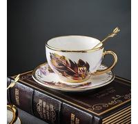 Huiyiwert Goldrand Ensemble tasse à expresso avec soucoupe et cuillère en porcelaine, 220 ml, motif plumes, moderne, pour cappuccino, latte, moka, thé (rouge)