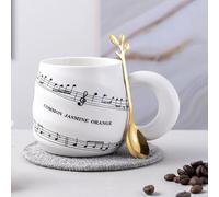 Huiyiwert Tasse à café en porcelaine avec cuillère - Motif musical - Imprimé - 340 ml - Tasse à petit-déjeuner - Cadeau - Tasse à lait pour les amateurs de musique - Blanc