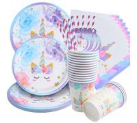 Huiyoulan Anniversaire Licorne Decoration Fille, 80 Pièces Vaisselle Kit Assiettes Gobelets Serviettes Couverts Licorne, Set de décoration d'anniversaire pour enfants Fête d'anniversaire (16 Invités)