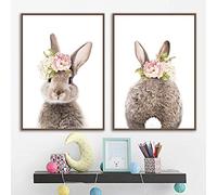 Huizheng 2 pièces de Lapin Fleur Animal Belle Photographie Art Mural Painting Peinture sur Toile Affiches et Posters Nordiques Mur Photos bébé décor de Chambre pour Enfants 50X70Cm sans Cadre